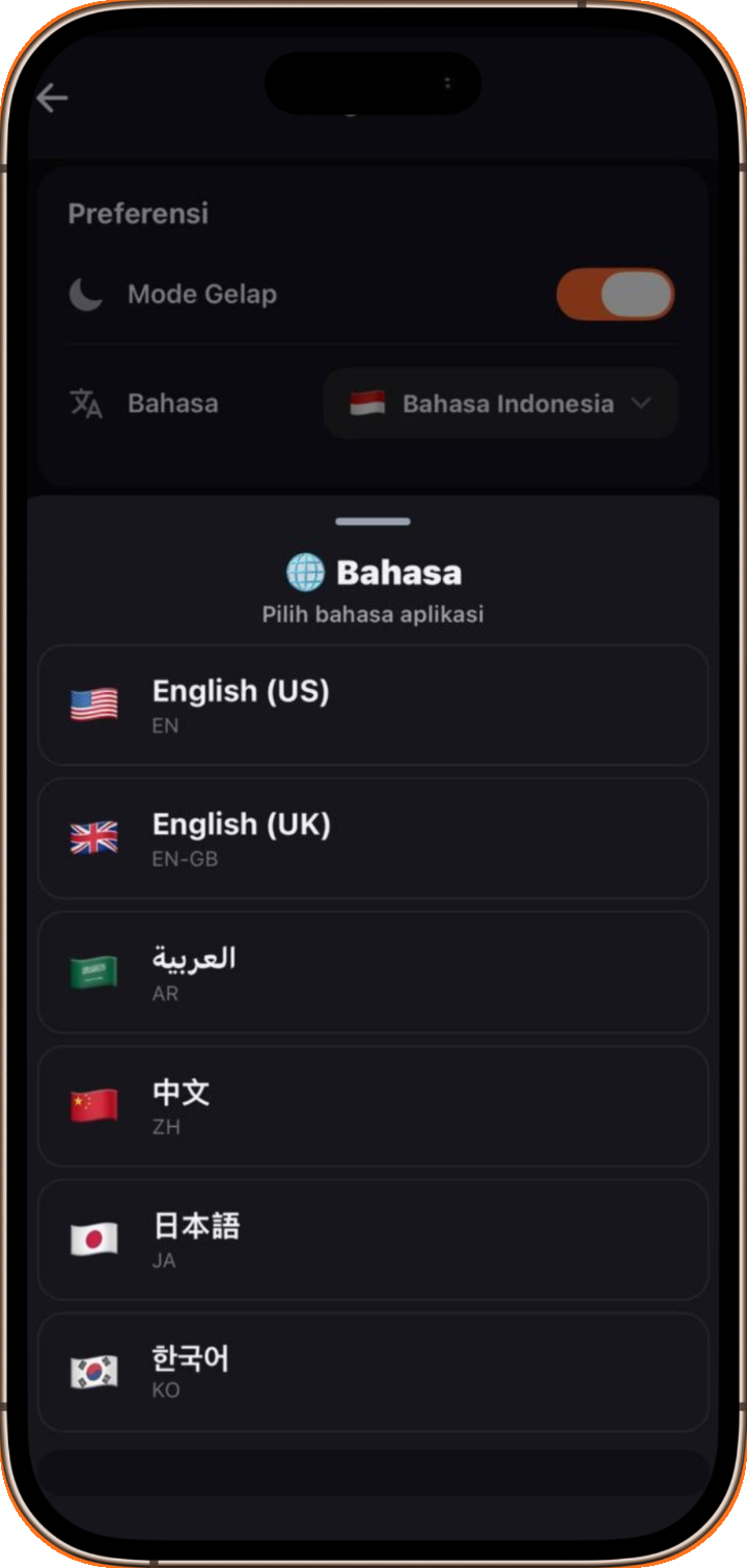 Dark mode and language options